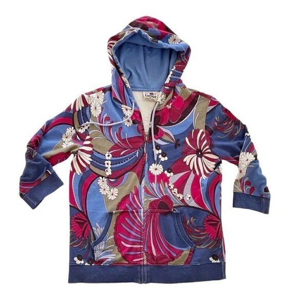 Vintage Lucky Brand Woman\'s Sz M Asian Floral Print Y2K Full Zip Hoodie RARE